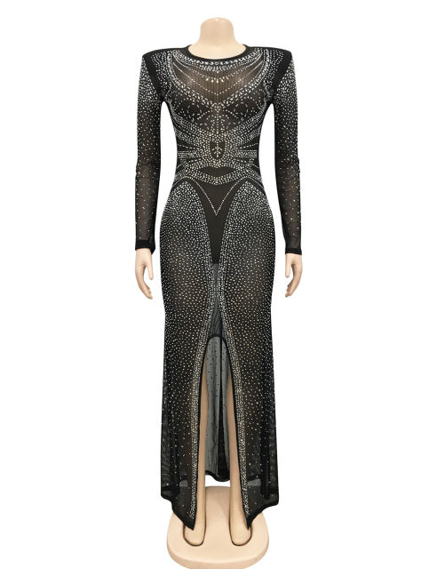 Black Rhinestones Mesh Front Split Maxi Dress