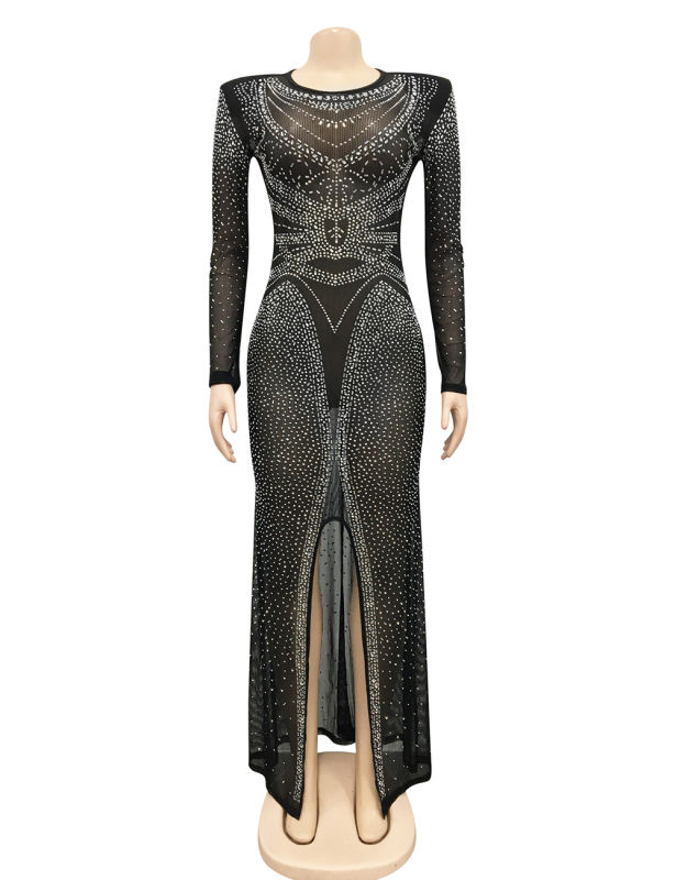 Black Rhinestones Mesh Front Split Maxi Dress