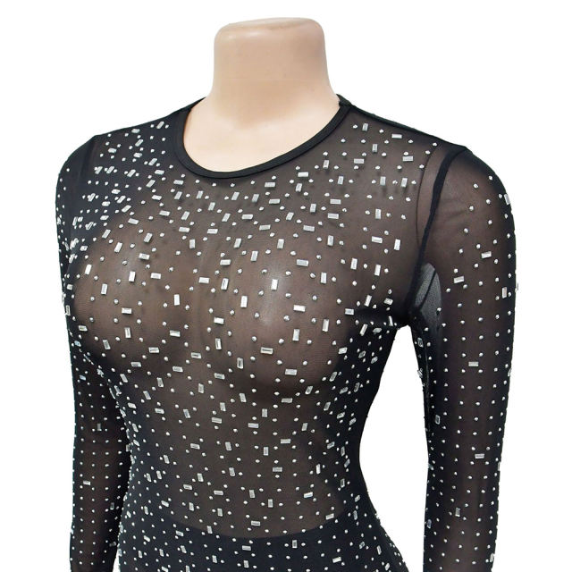 Black Sheer Mesh Rhinestones Long Sleeve Maxi Dress
