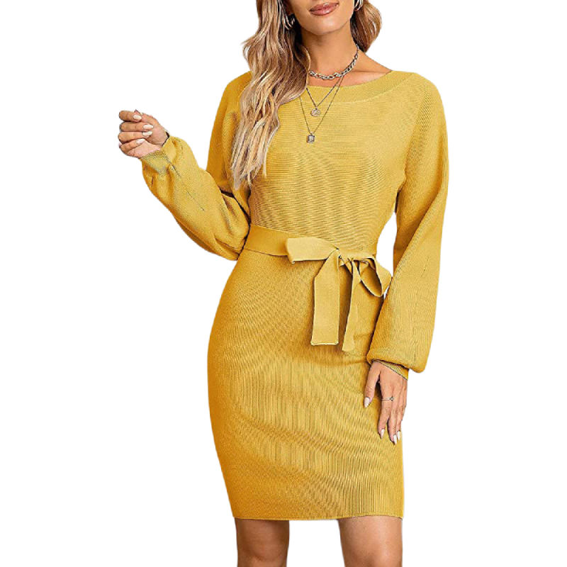 Yellow Ribbed Tie Waist Long Sleeve Bodycon Dress