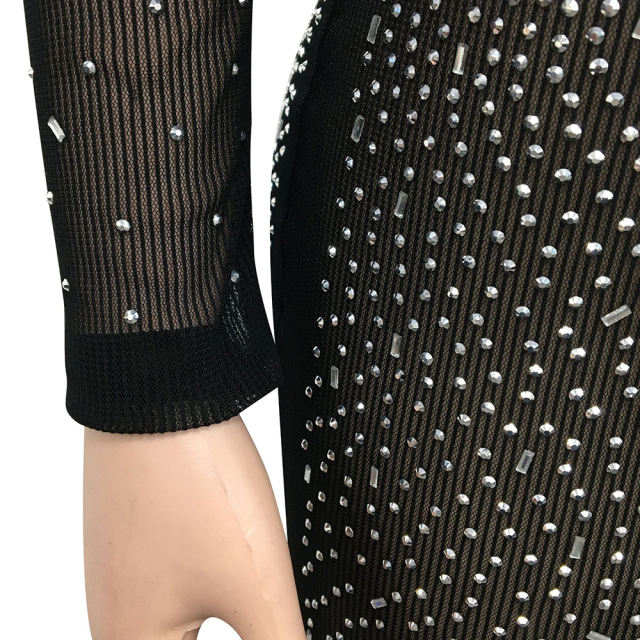 Black Rhinestones Mesh Front Split Maxi Dress