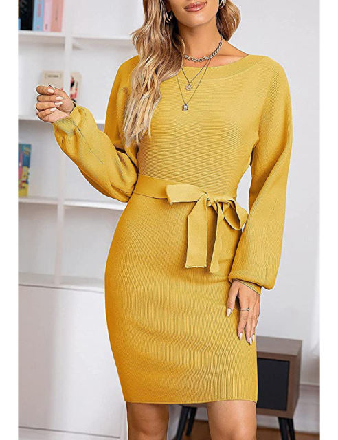 Yellow Ribbed Tie Waist Long Sleeve Bodycon Dress
