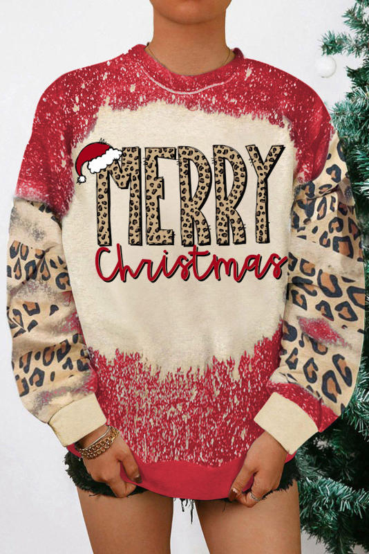 Fiery Red MERRY Christmas Leopard Color Block Sweatshirt