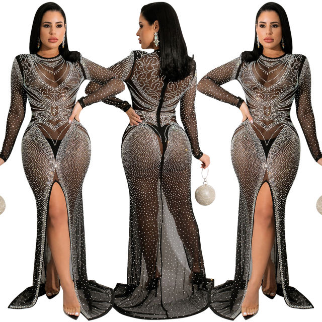 Black Rhinestones Mesh Front Split Maxi Dress