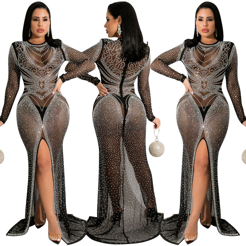 Black Rhinestones Mesh Front Split Maxi Dress