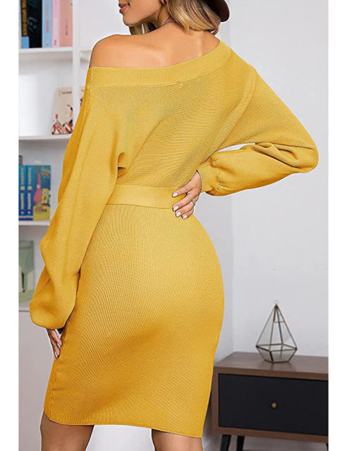 Yellow Ribbed Tie Waist Long Sleeve Bodycon Dress