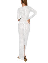 White Sheer Mesh Rhinestones Long Sleeve Maxi Dress