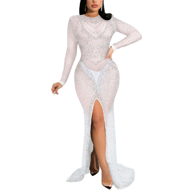 White Rhinestones Mesh Front Split Maxi Dress