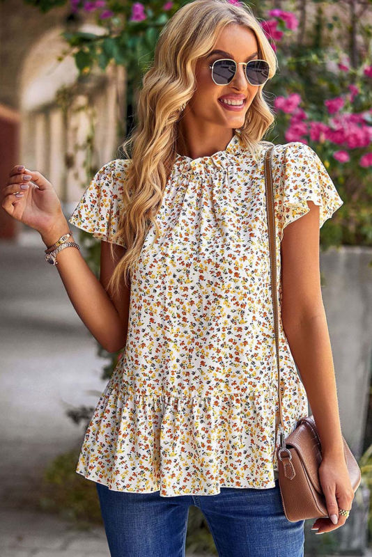 Beige Floral Frilled Collar Ruffled Short Sleeve Blouse
