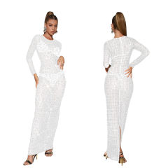 White Sheer Mesh Rhinestones Long Sleeve Maxi Dress