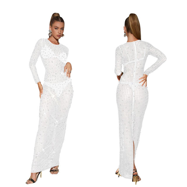 White Sheer Mesh Rhinestones Long Sleeve Maxi Dress