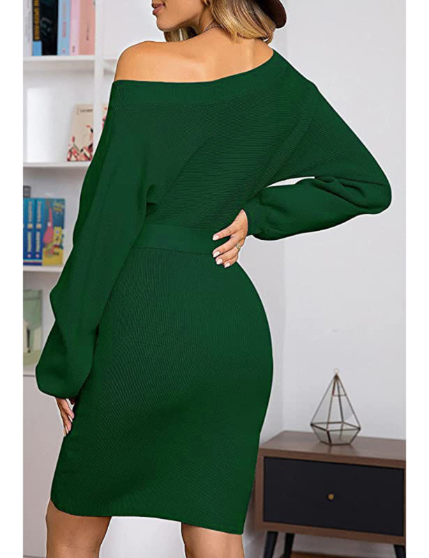Green Ribbed Tie Waist Long Sleeve Bodycon Dress