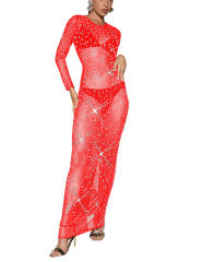Red Sheer Mesh Rhinestones Long Sleeve Maxi Dress