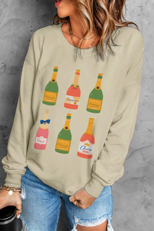 Khaki Champagne Bottle Print Drop Shoulder Sweatshirt
