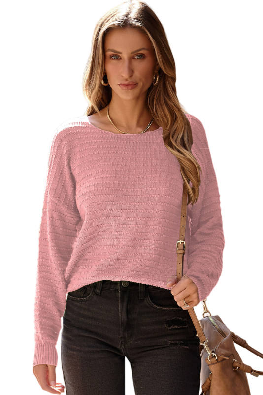 Rose Pink Textured Knit Round Neck Dolman Sleeve Sweater