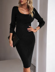 Black Ribbed Square Neck Long Sleeve Bodycon Dress