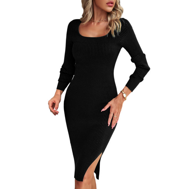 Black Ribbed Square Neck Long Sleeve Bodycon Dress
