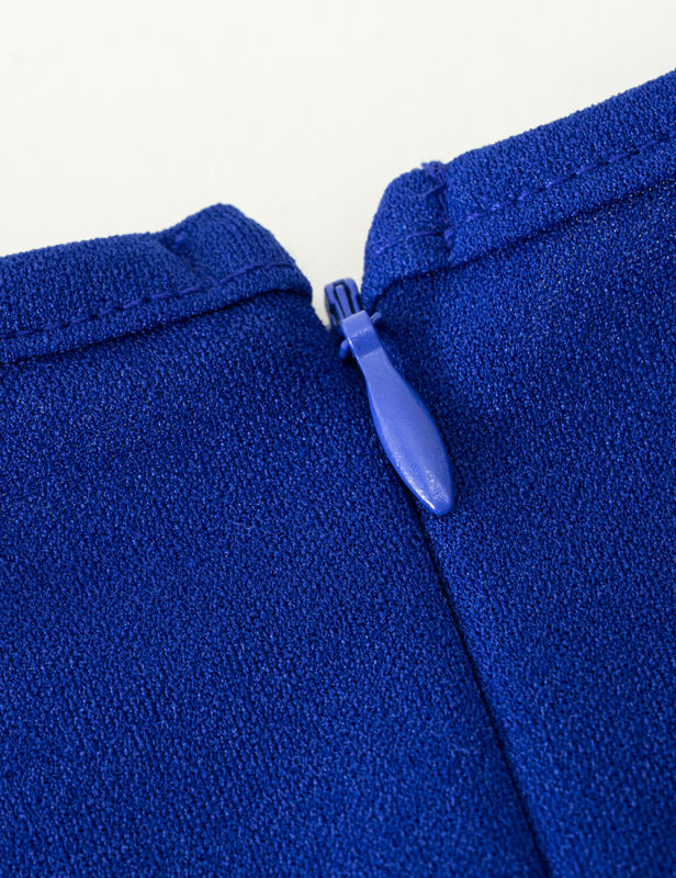 Blue Solid Color Puff Sleeve O-neck Midi Dress