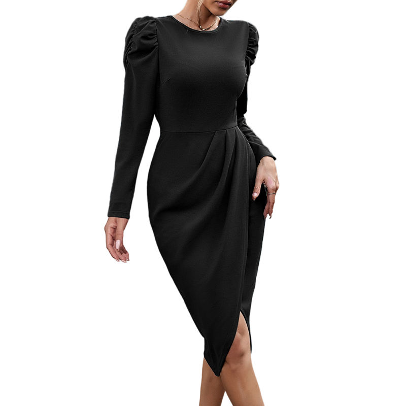 Black Solid Color Puff Sleeve O-neck Midi Dress