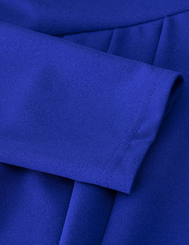 Blue Solid Color Puff Sleeve O-neck Midi Dress