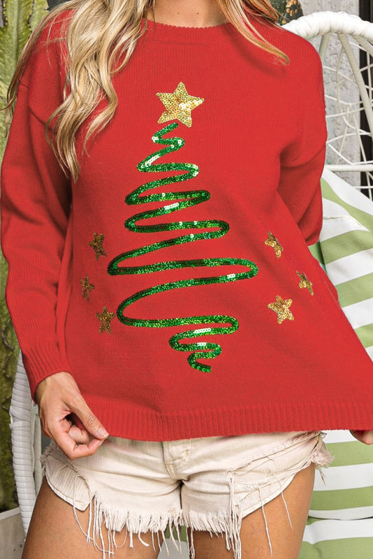 Fiery Red Sequined Christmas Tree Sketch Drop Shoulder Sweater