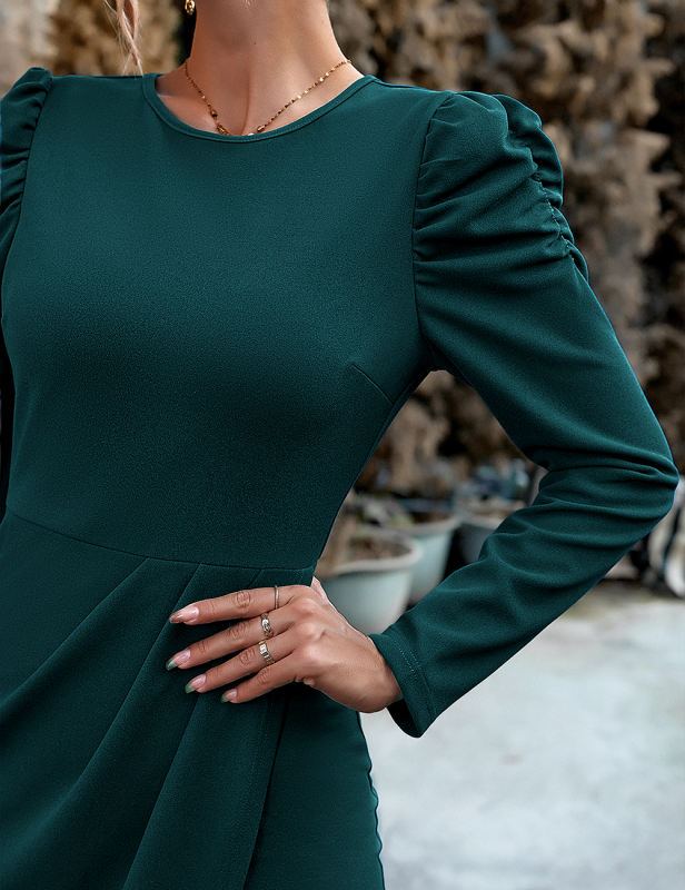 Green Solid Color Puff Sleeve O-neck Midi Dress