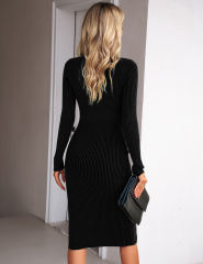 Black Ribbed Square Neck Long Sleeve Bodycon Dress