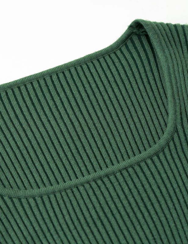Green Ribbed Square Neck Long Sleeve Bodycon Dress