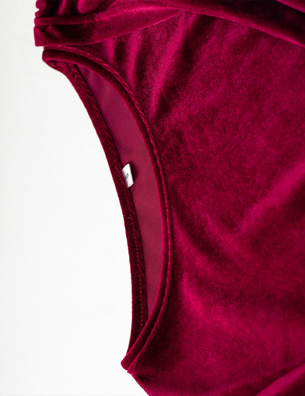 Wine Red Round Neck Pleated Wrap Bodycon Dress