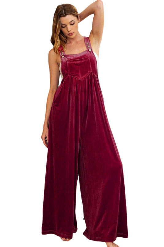 Red Dahlia Velvet Bib Super Loose Leg Overall