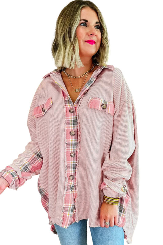 Pink Plaid Raw Edge High Low Waffle Knit Oversized Shacket