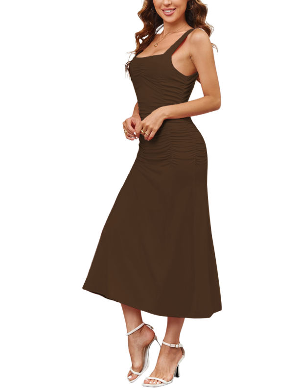 Coffee Sleeveless Ruched Bodycon Midi Dress