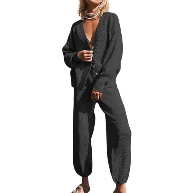 Black Waffle Button Cardigan and Pant Set
