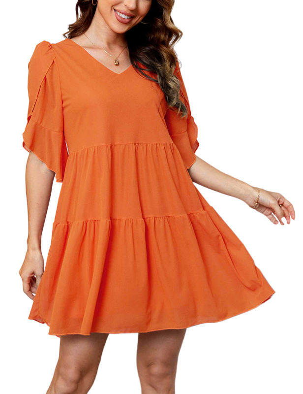 Orange 1/2 Bishop Sleeve V Neck Tiered Dress