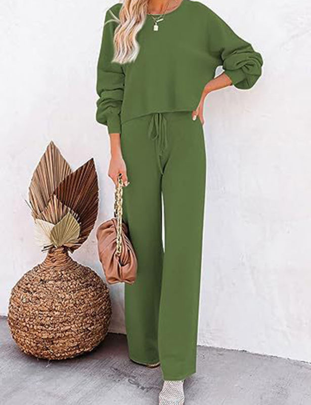 Army Green Loose Fit Long Sleeve Top and Wide Leg Pant Lounge Set