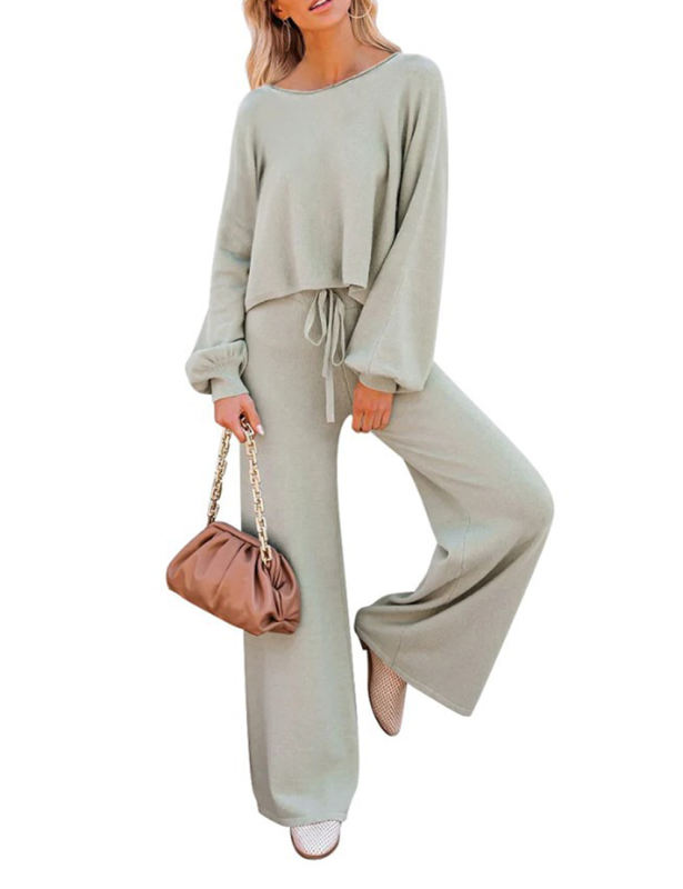Light Green Loose Fit Long Sleeve Top and Wide Leg Pant Lounge Set