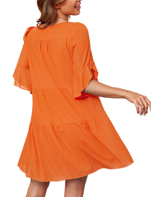 Orange 1/2 Bishop Sleeve V Neck Tiered Dress