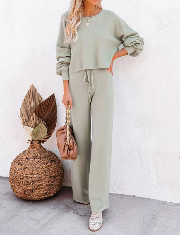Light Green Loose Fit Long Sleeve Top and Wide Leg Pant Lounge Set