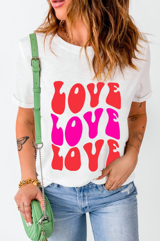 White Valentines LOVE Alphabet Print Crew Neck T Shirt