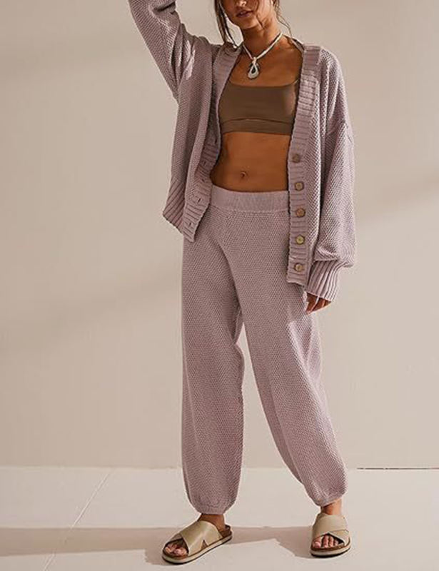 Light Purple Waffle Button Cardigan and Pant Set