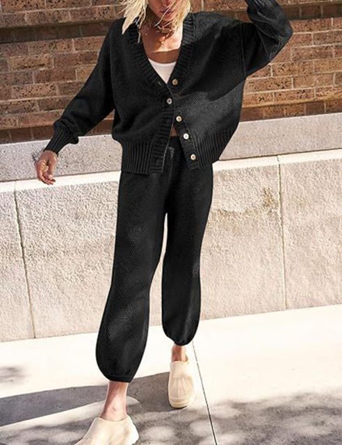 Black Waffle Button Cardigan and Pant Set
