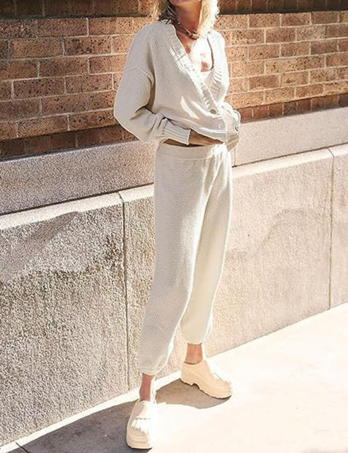 White Waffle Button Cardigan and Pant Set