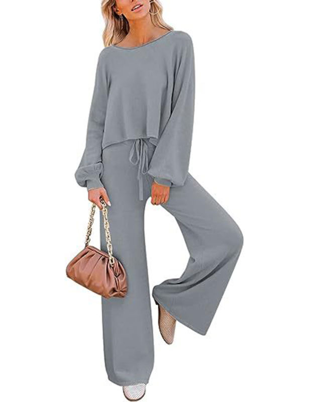 Gray Loose Fit Long Sleeve Top and Wide Leg Pant Lounge Set