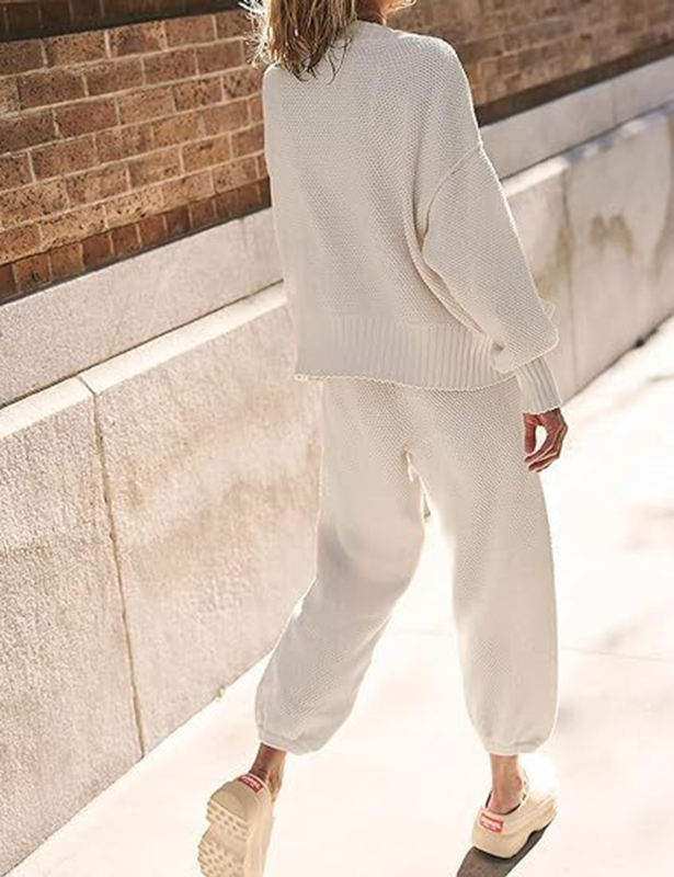 White Waffle Button Cardigan and Pant Set