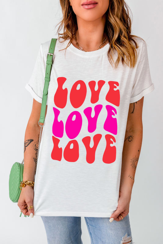 White Valentines LOVE Alphabet Print Crew Neck T Shirt