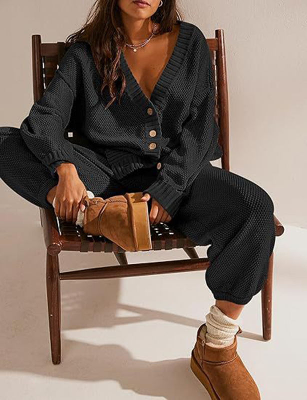 Black Waffle Button Cardigan and Pant Set