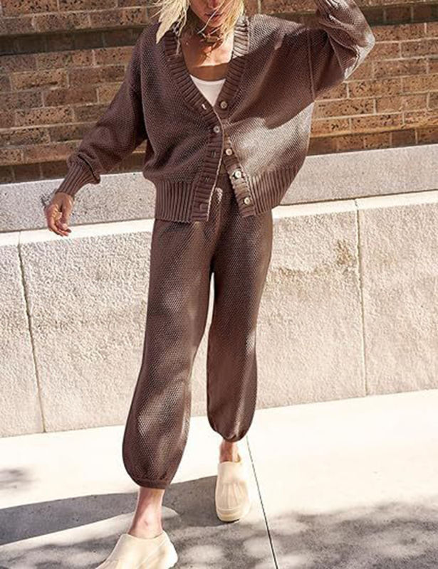 Coffee Waffle Button Cardigan and Pant Set