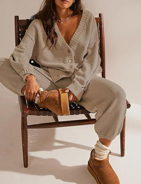 Khaki Waffle Button Cardigan and Pant Set