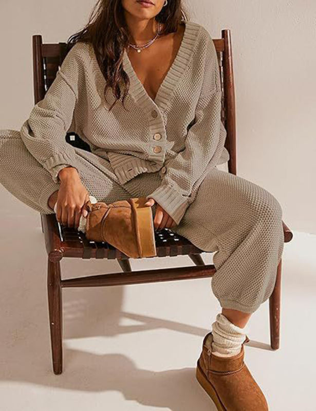 Khaki Waffle Button Cardigan and Pant Set