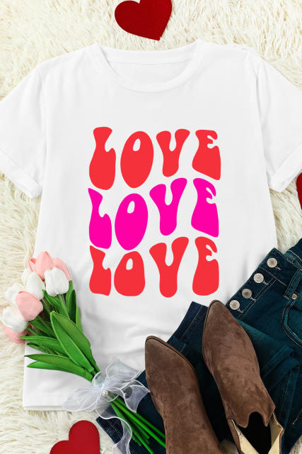 White Valentines LOVE Alphabet Print Crew Neck T Shirt